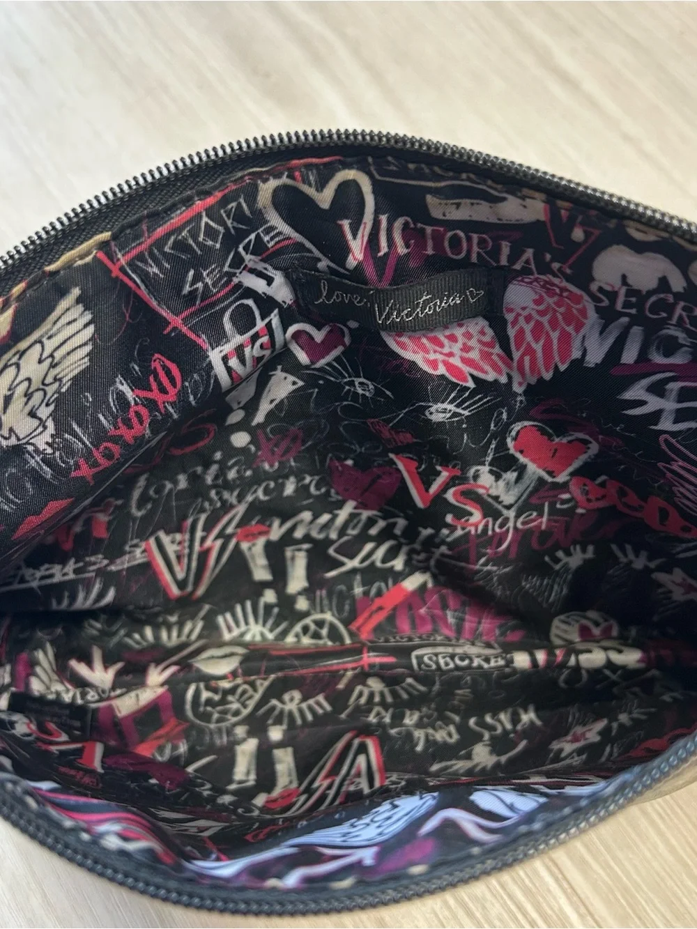 Victoria's Secret Large Cosmetic Zippered Bag Pouch Black Pink Heart Angel Wings